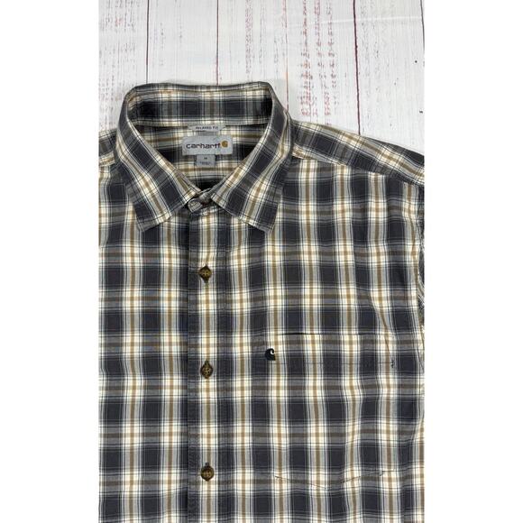 Carhartt Relaxed Fit Button Down Shirt Men Sz M Yellow plaid Short Sleeve Pocket - Picture 3 of 7